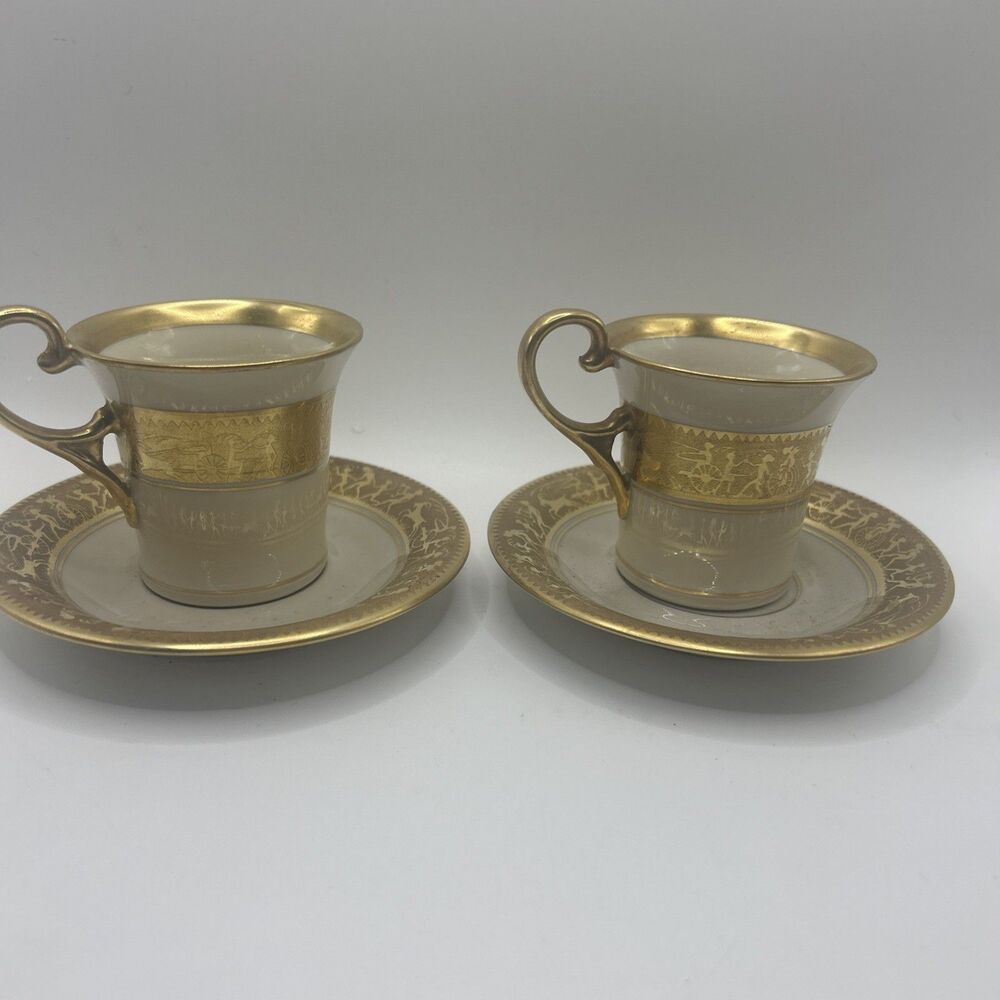 2 TeaCups And SaucersRare Aetzkante Gloria Fine Porcelain Real Echt Gold Cobalt